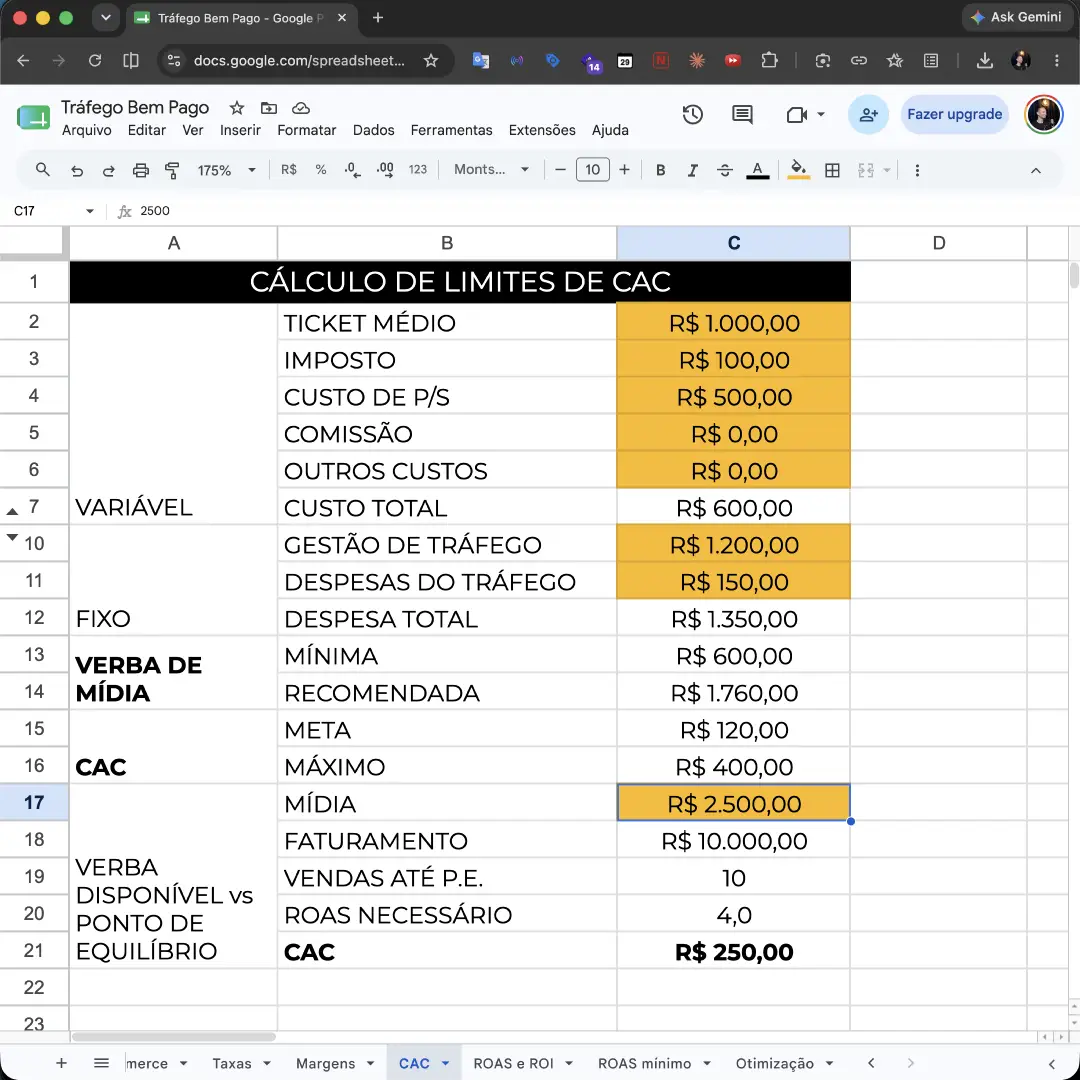 Planilha de cálculo de CAC do método Tráfego Bem Pago
